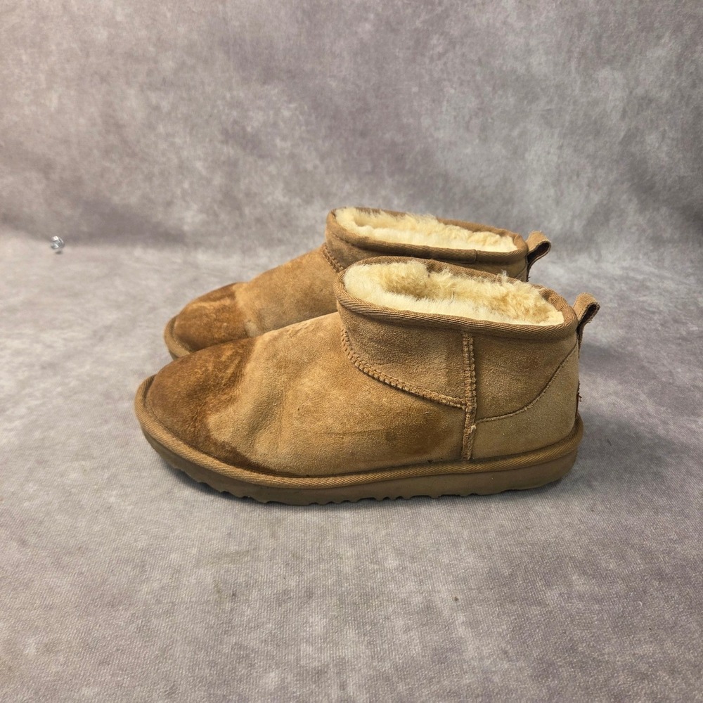 UGG Classic Ultra Mini Boots Chestnut Brown Suede Sheepskin Ankle Bootie Womens